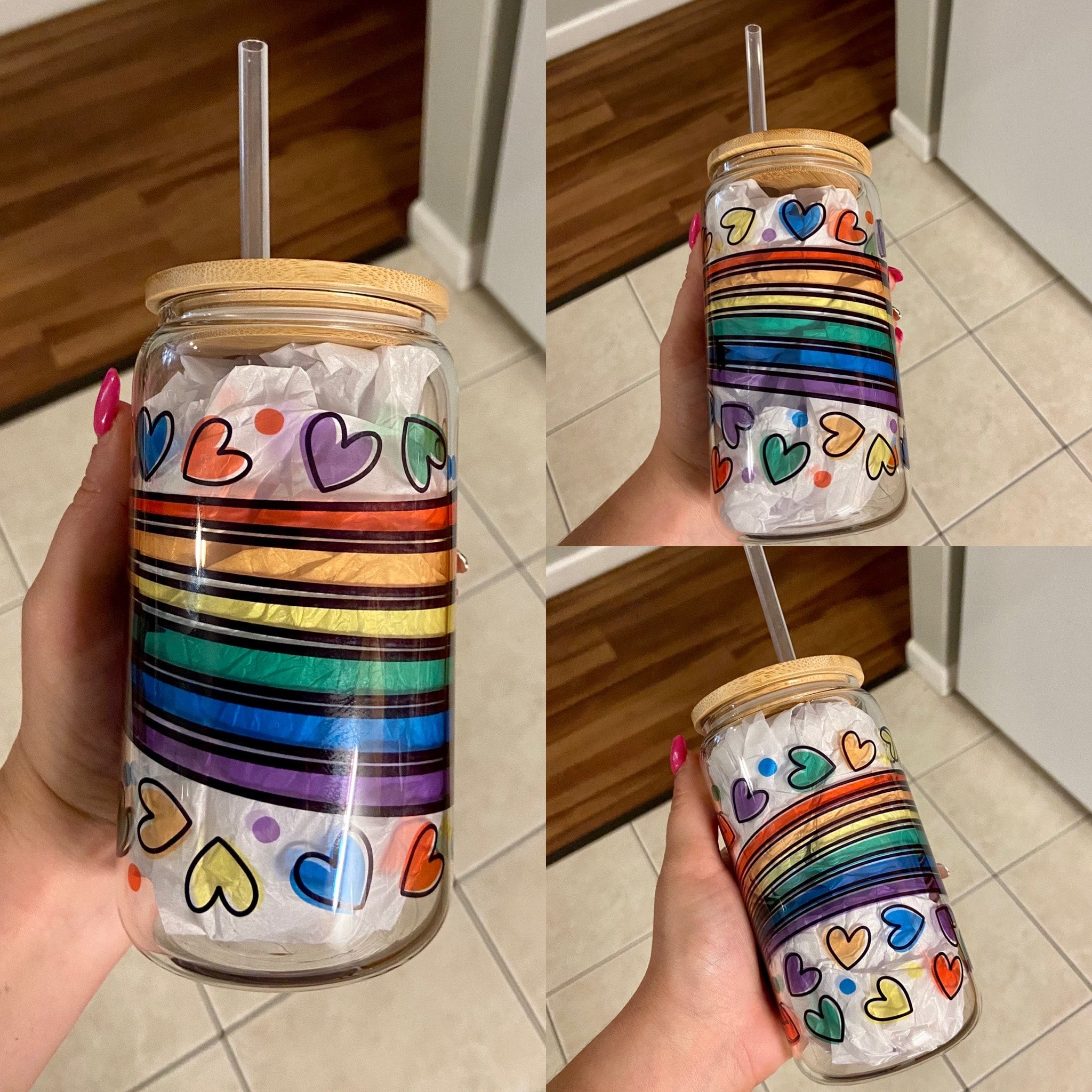 Beer Can Glass 20 oz Tumbler w/Bamboo Lid and Glass Straw /Cheetah  Holographic.